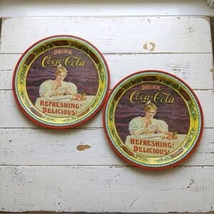 Pair of Vintage 1977 Coca Cola Metal Serving Trays 12" Round Coke Victorian Lady